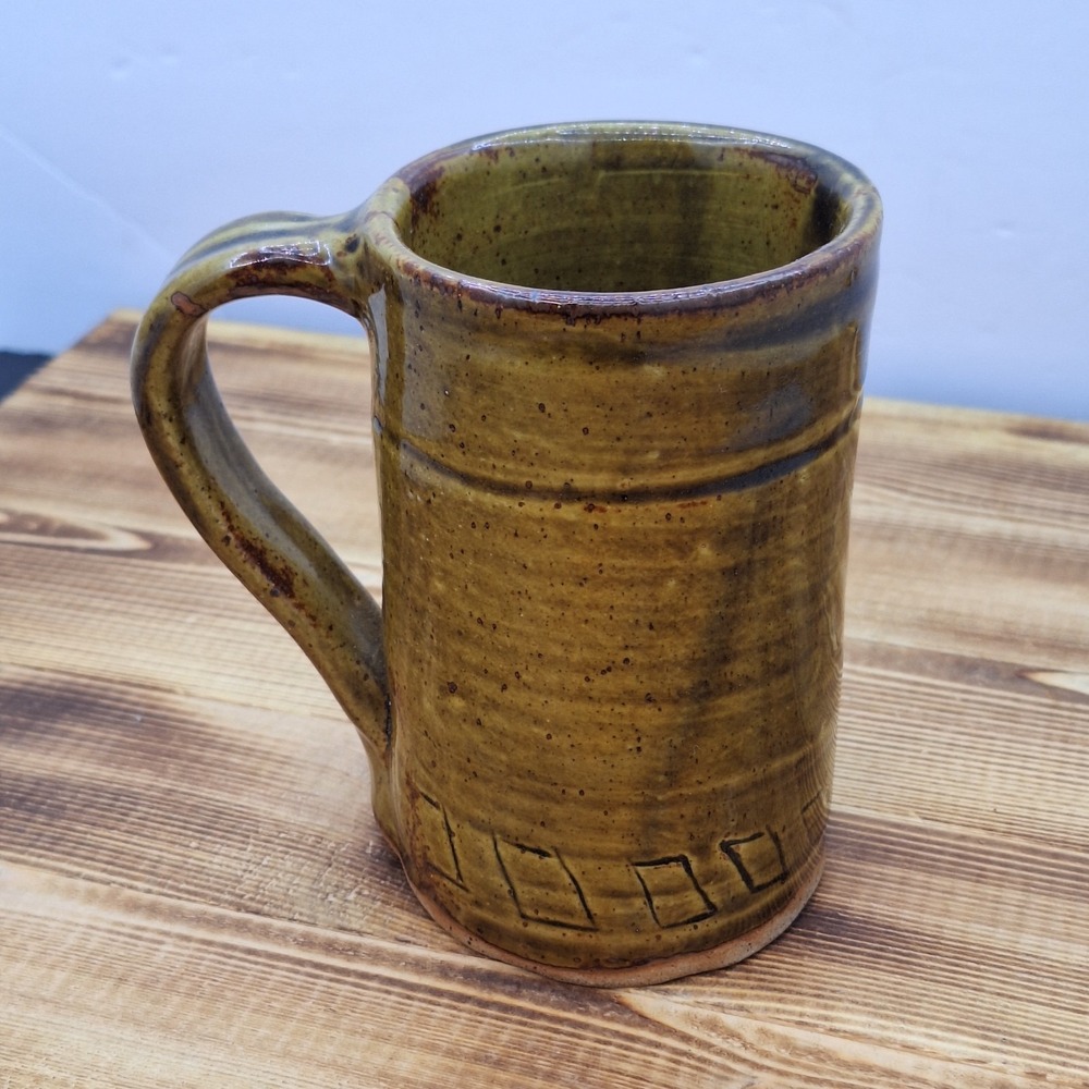 Stoneware Pottery Mug Cup Signed Brown Black Swirl Tall‎ Carved Design 4.5"